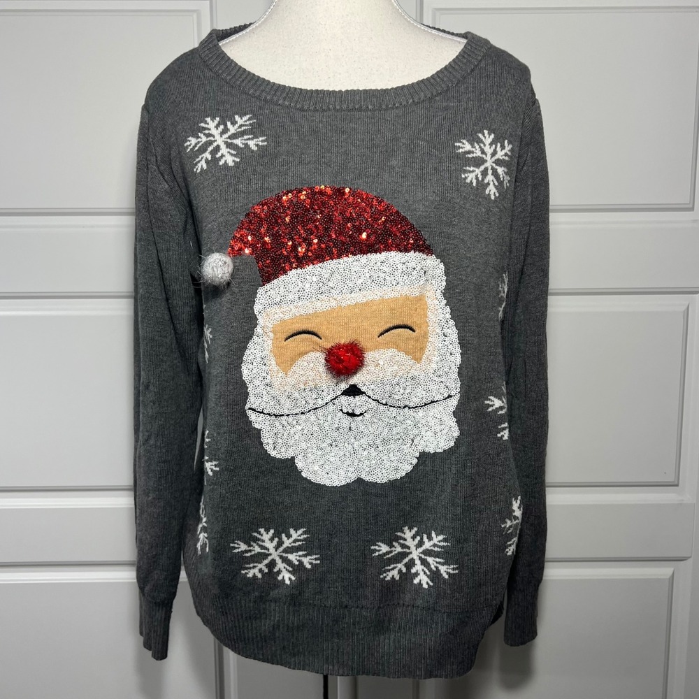 Tipsy Elves Santa Sequin Ugly Christmas Sweater Grey Womens‎ L Long Sleeve